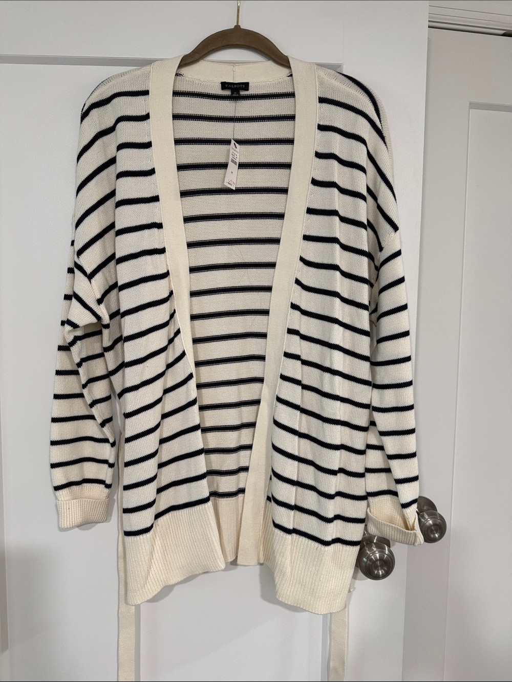 Talbots Cream and Black Striped Open Cardigan with Belt